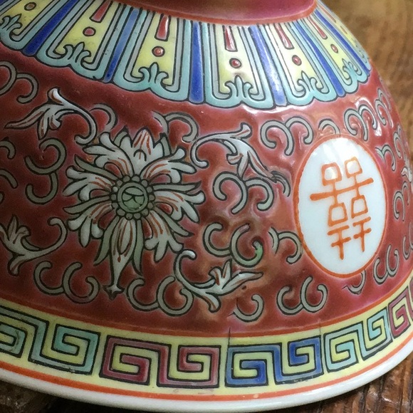 Chinese coral red mun shou longevity pattern rice bowl - Picture 8 of 8